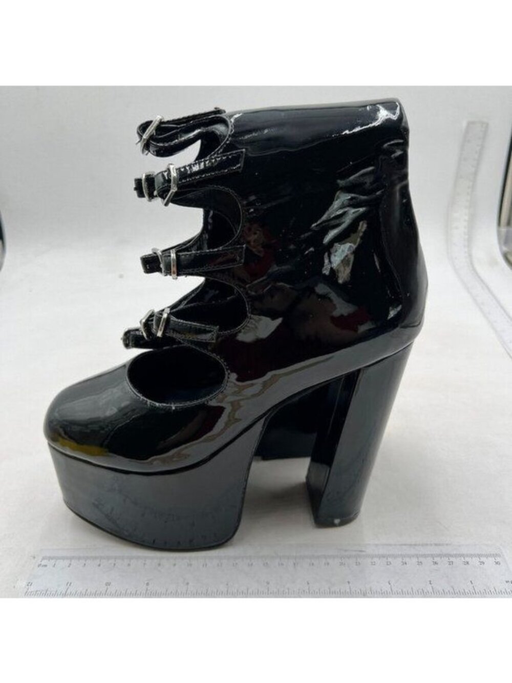 Women Straps Buckle Round Toe Knee High Boots Chunky High Heel Platform Black